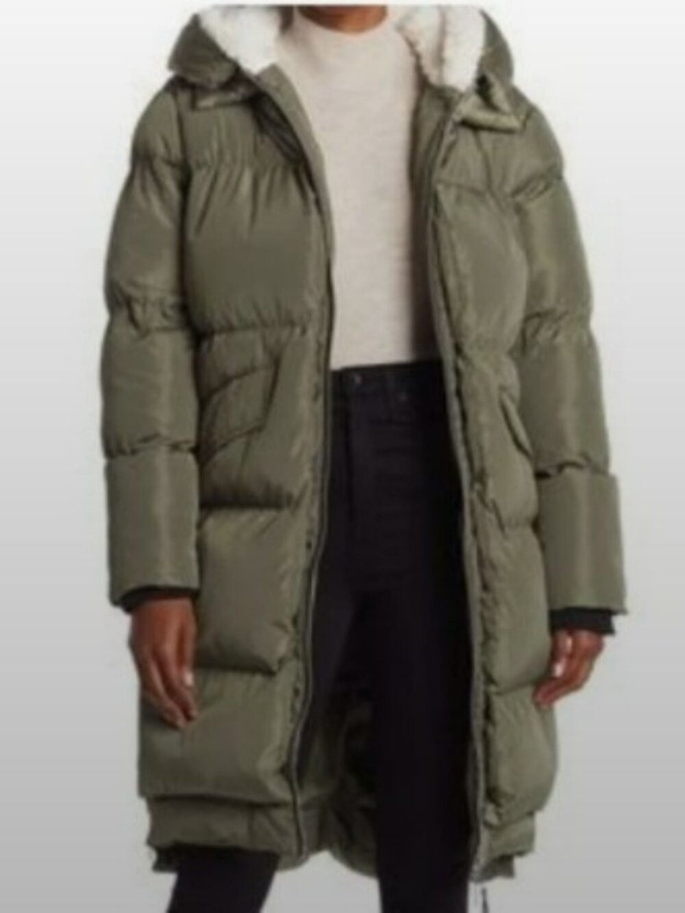 Avec Les Filles Olive Green Long Puffer Coat with Sherpa Lined Hood